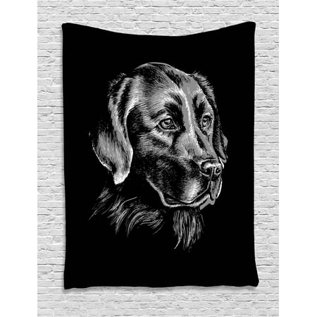 Labrador Tapestry, Artsy Sketch Portrait of Retriever Puppy with Calm Face Best Friend Pattern, Wall Hanging for Bedroom Living Room Dorm Decor, 40W X 60L Inches, Black and Grey, by