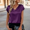 thumbnail image 2 of Satin Shirts for Women Cap Short Sleeve Blouse V Neck Tops Business Casual Tshirts Purple L, 2 of 5