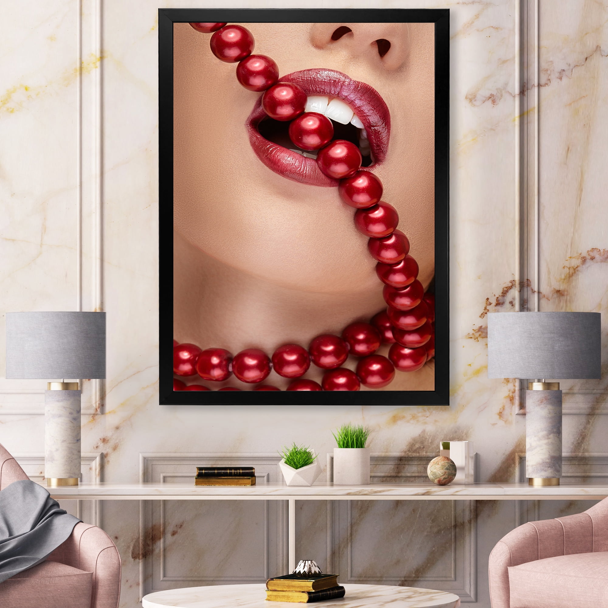 Designart 'Girl Mouth With Red Lipstick Biting Red Pearls' Modern Framed Art Print