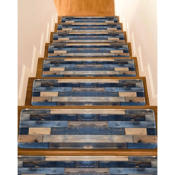 Stair Treads for Wooden Steps, Navy Blue Brown Wood Peel and Stick Stair Treads with Reusable Adhesive, Farmhouse Vintage Wooden Non Slip Indoor Stairs Runner Rugs Mats for Elders Dogs 8"x30" 7PCS