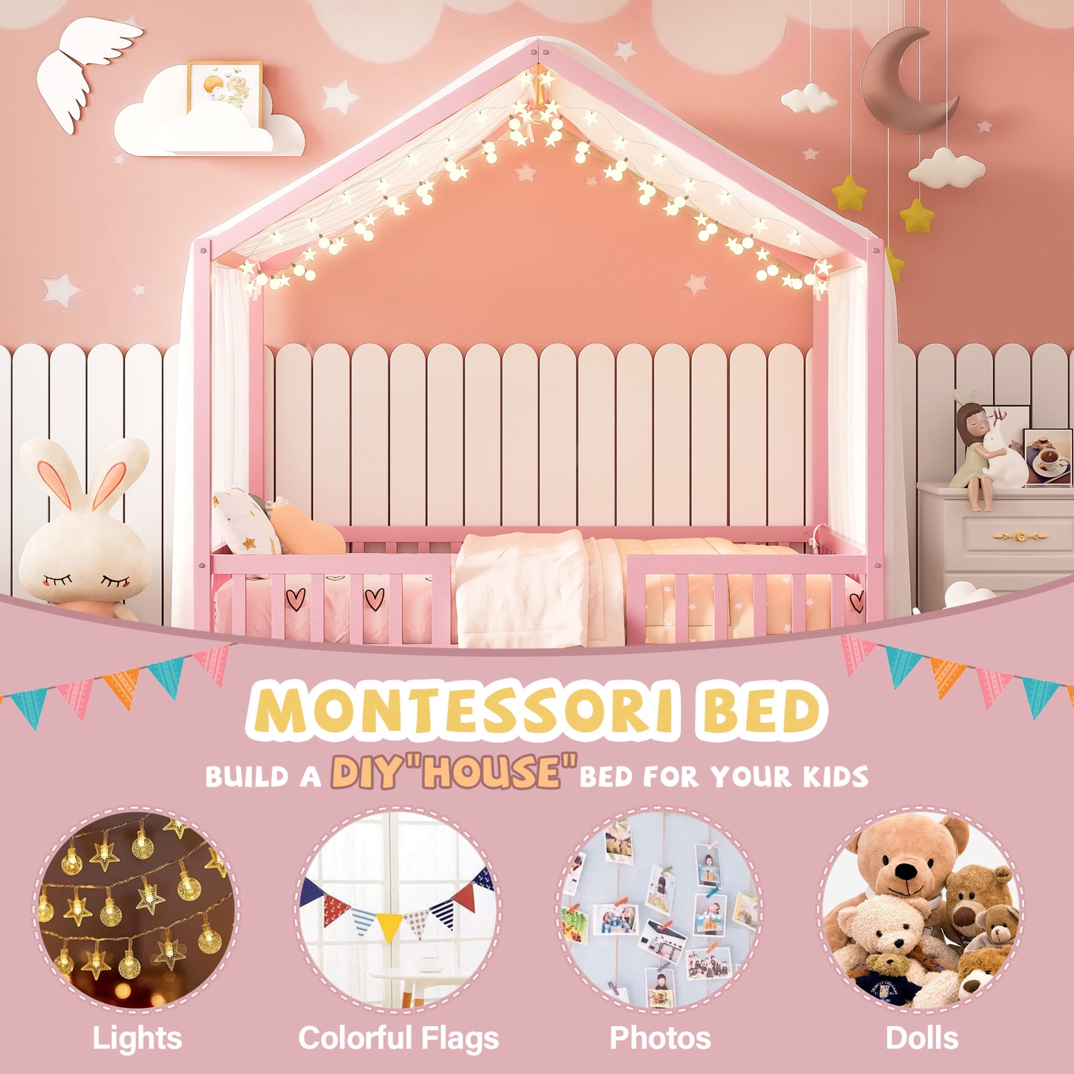 Noble House Full Floor Bed with Canopy and Guardrails, Wood House Bed Frame for Kids, Pink