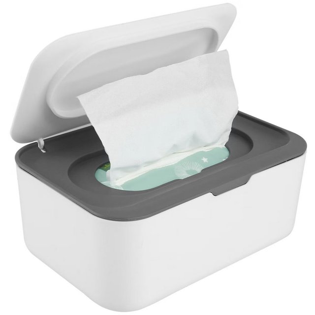 Wet Wipes Dispenser Multifunctional Wet Tissue Box with Dustproof Cover in grey, featuring a refillable design with a sealing silicone ring to keep wipes fresh and clean. The dispenser has a weighted base for stability, an easy-open lid, and a large storage capacity of up to 120 wipes. Compact and versatile, it is suitable for use in the home, nursery, car, office, or bathroom.