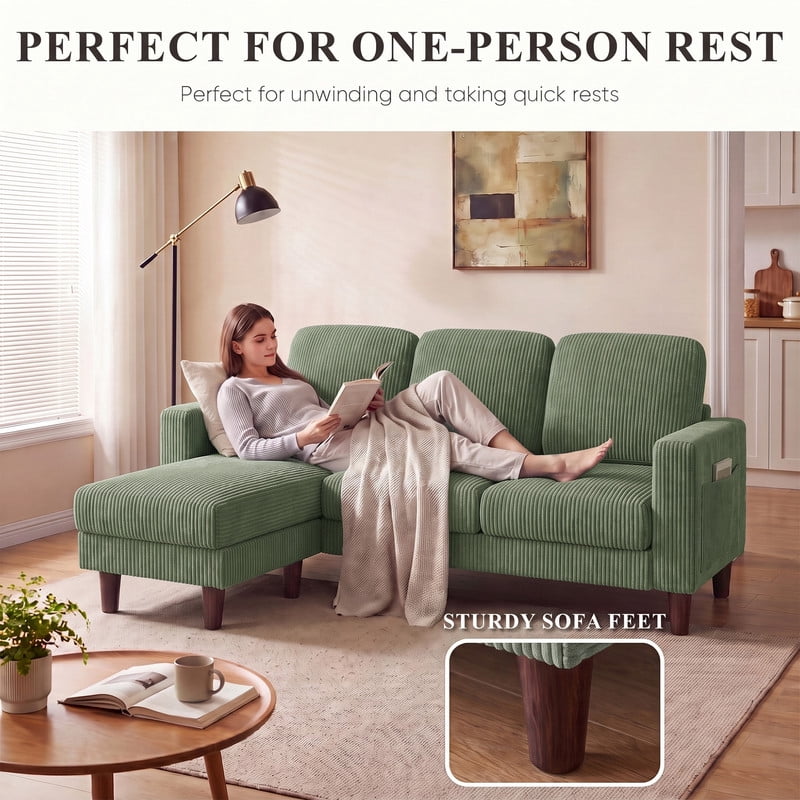 Lacoo L-Shaped Sofa Couch, 72" Modern Reversible Chaise Cloud Sofa with Cushions for Living Room, Apartment and Small Space, Corduroy Green