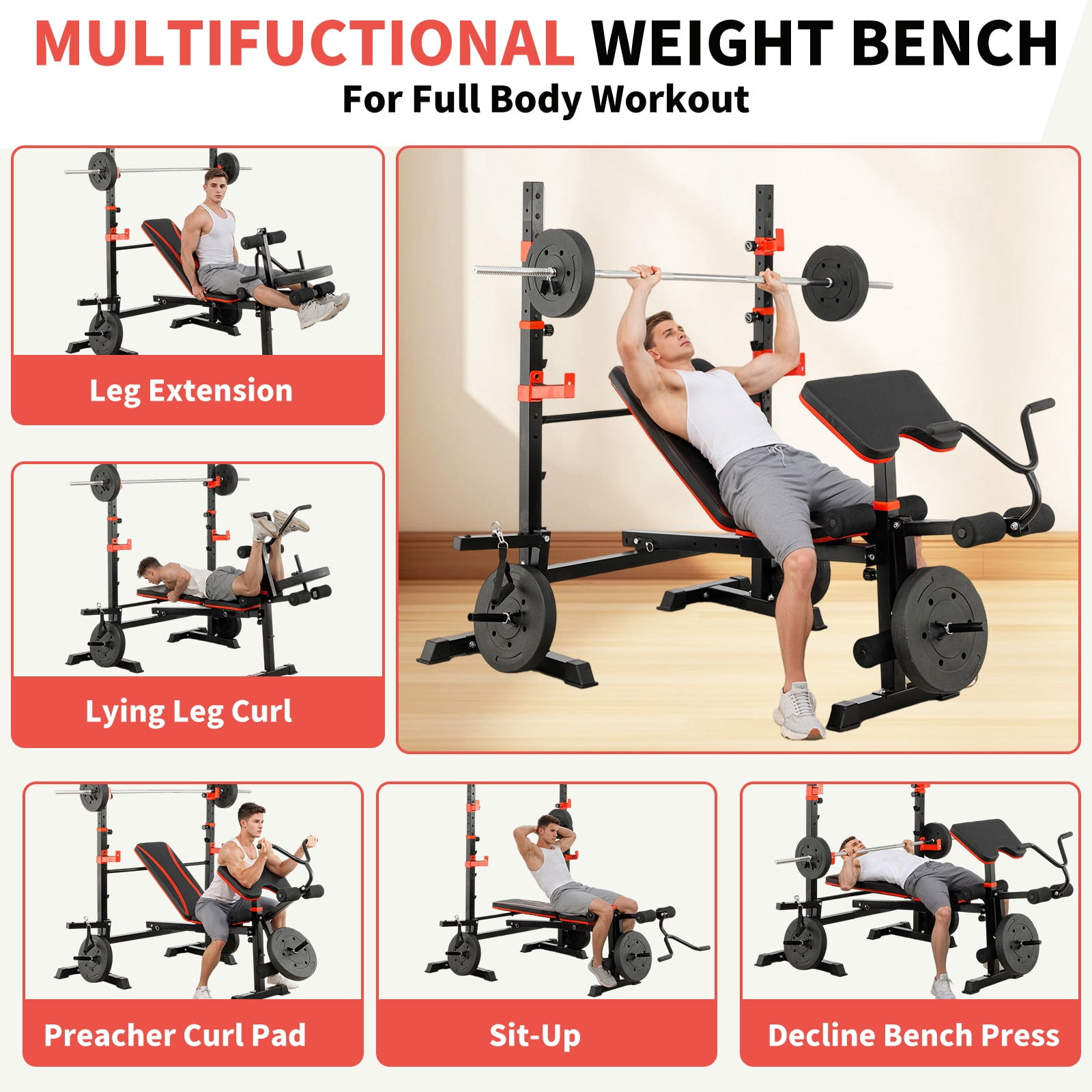 6 in 1 Olympic Weight Bench Set , Adjustable Bench Press with Squat Stand and Leg Developer for Home Gym Full Body Workout