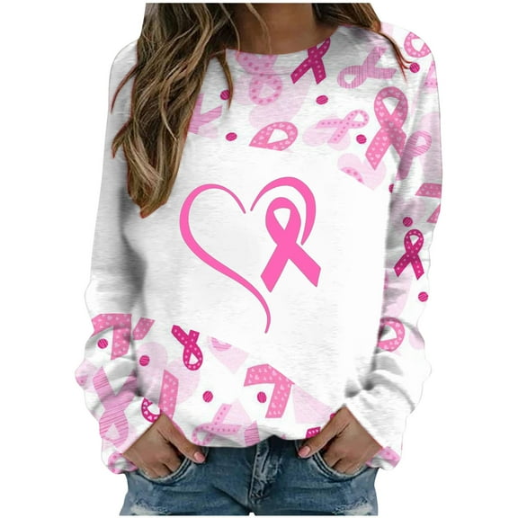 IROINNID Pink Breast Cancer Top for Women Pink Ribbon Comfy Long Sleeve Round Neck Printed Ladies Sweatshirt Tops Blouse,Pink