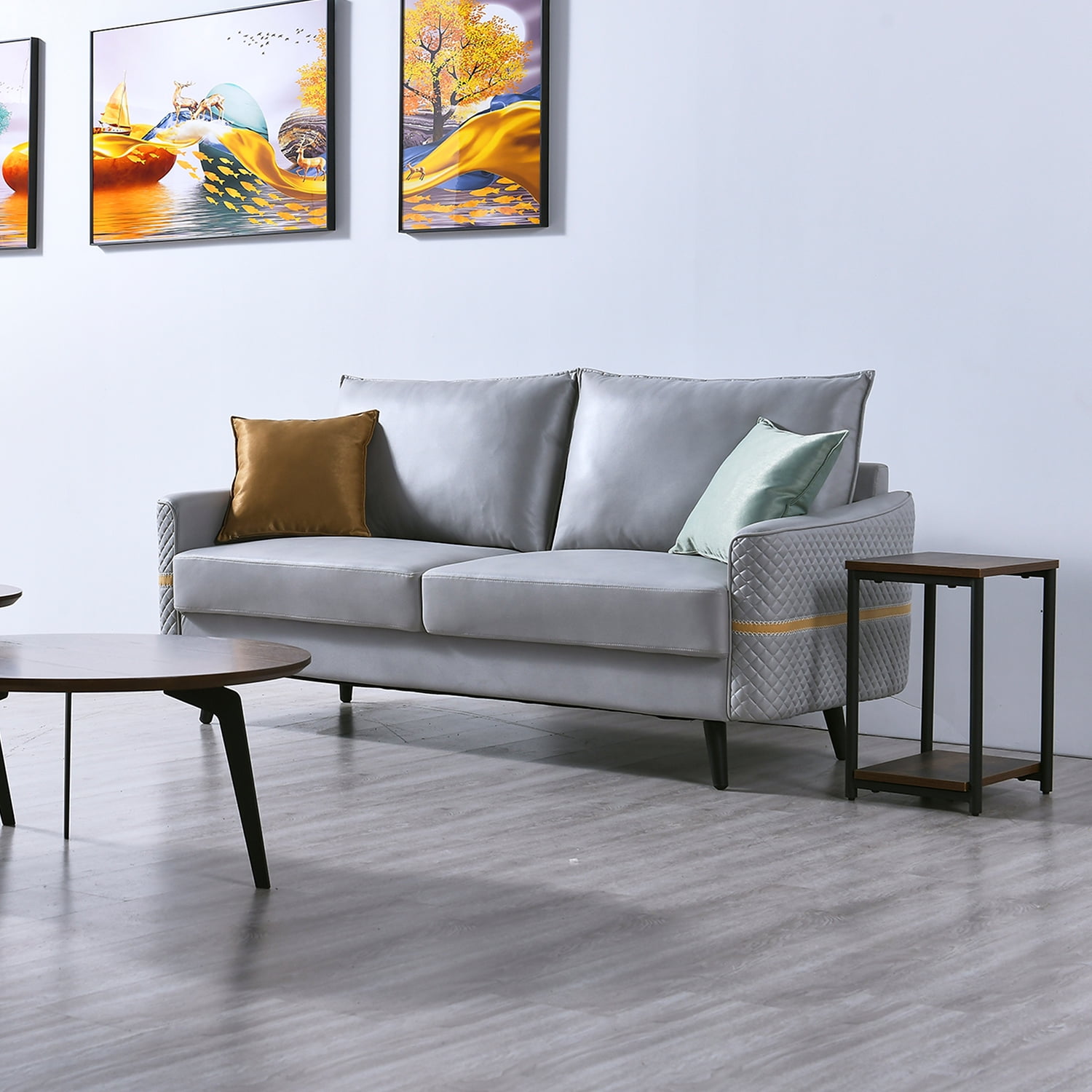 Kadyn 72 inch Mid-Century Modern Couch, Tufted Love Seat with 2 Pillows, Futon Sofa Bed for Bedroom, Light Grey