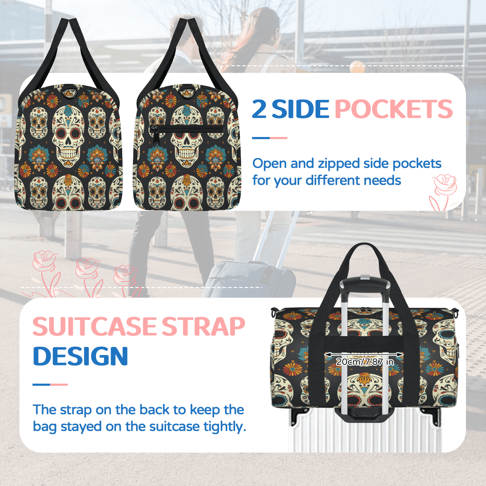 Herdesigns Sugar Skull Travel Duffle Bag Sports Yoga Weekender Overnight Carry on Workout Bags Lightweight Waterproof Gym Tote Bag for Women Goth Skeleton