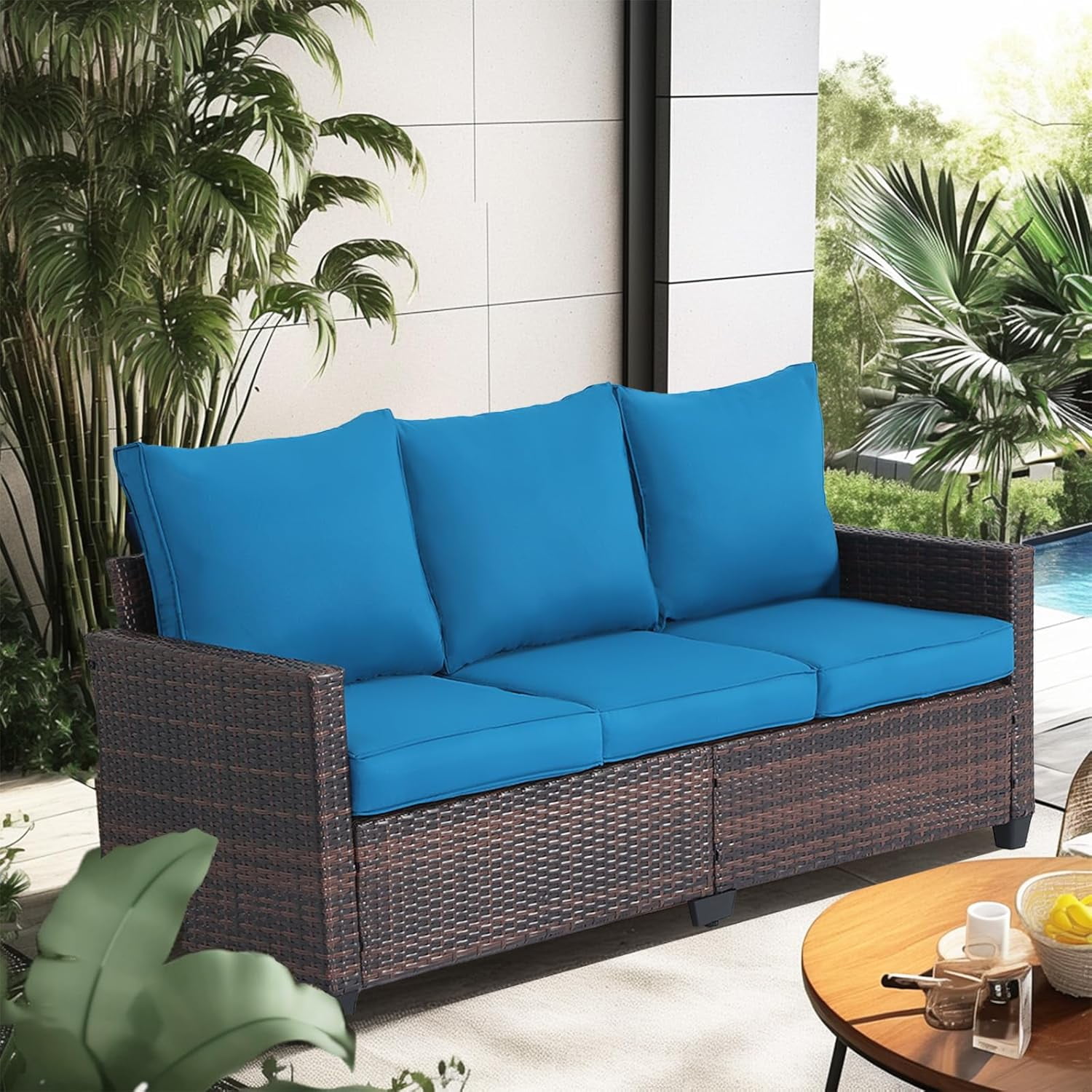 EortheX Outdoor Patio Sofa, 3-Seat Rattan Wicker Couch for Garden Deck or Porch, Comfortable All-Weather Patio Furniture with Anti-Slip Cushions (Beige)