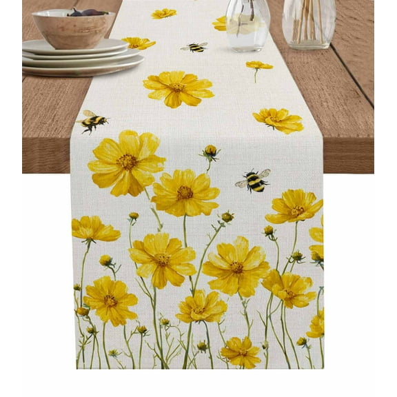 Yellow Floral Bee Table Runner Summer Watercolor Botanical Flower Tablerunners 13 x 60 Inch, Table Decorations Tabletop Scarf for Summer Gathering Holiday Farmhouse Kitchen Dining Decor