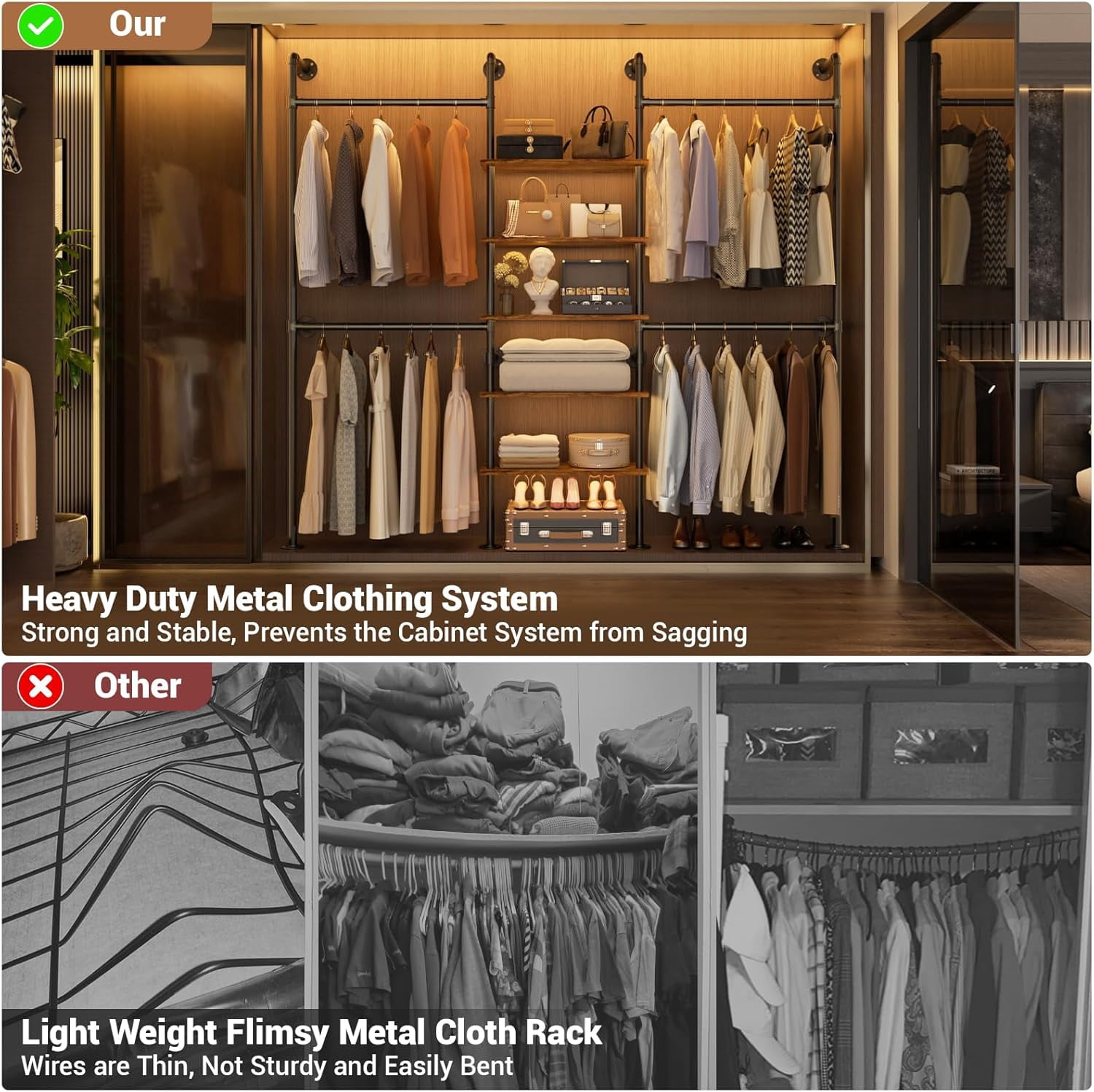 Homieasy Industrial Pipe Clothing Rack, Reversible 6.42FT Clothes Rack for Hanging Clothes, Heavy Duty 5-Tier Closet Wardrobe Garment Racks with Shelves, Corner Closet Organizer System, Rustic Brown