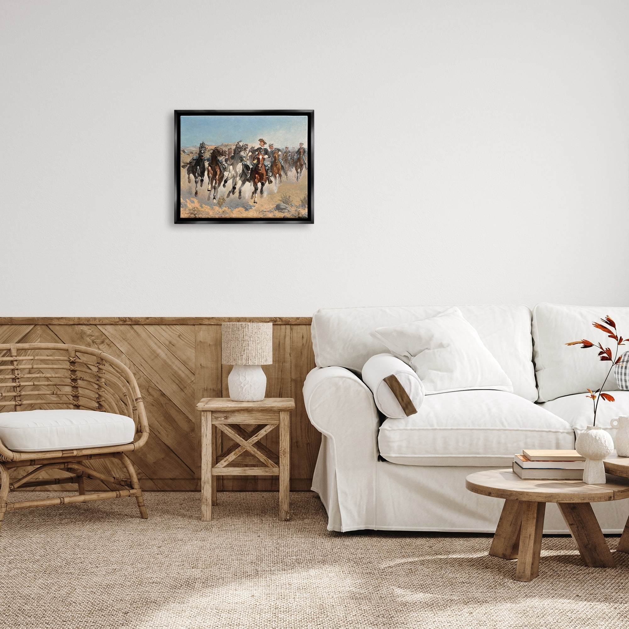 Stupell Industries Galloping Horses Herd Cowboys Trotting Desert Sand Painting Jet Black Floating Framed Canvas Print Wall Art, Design by Lettered and Lined