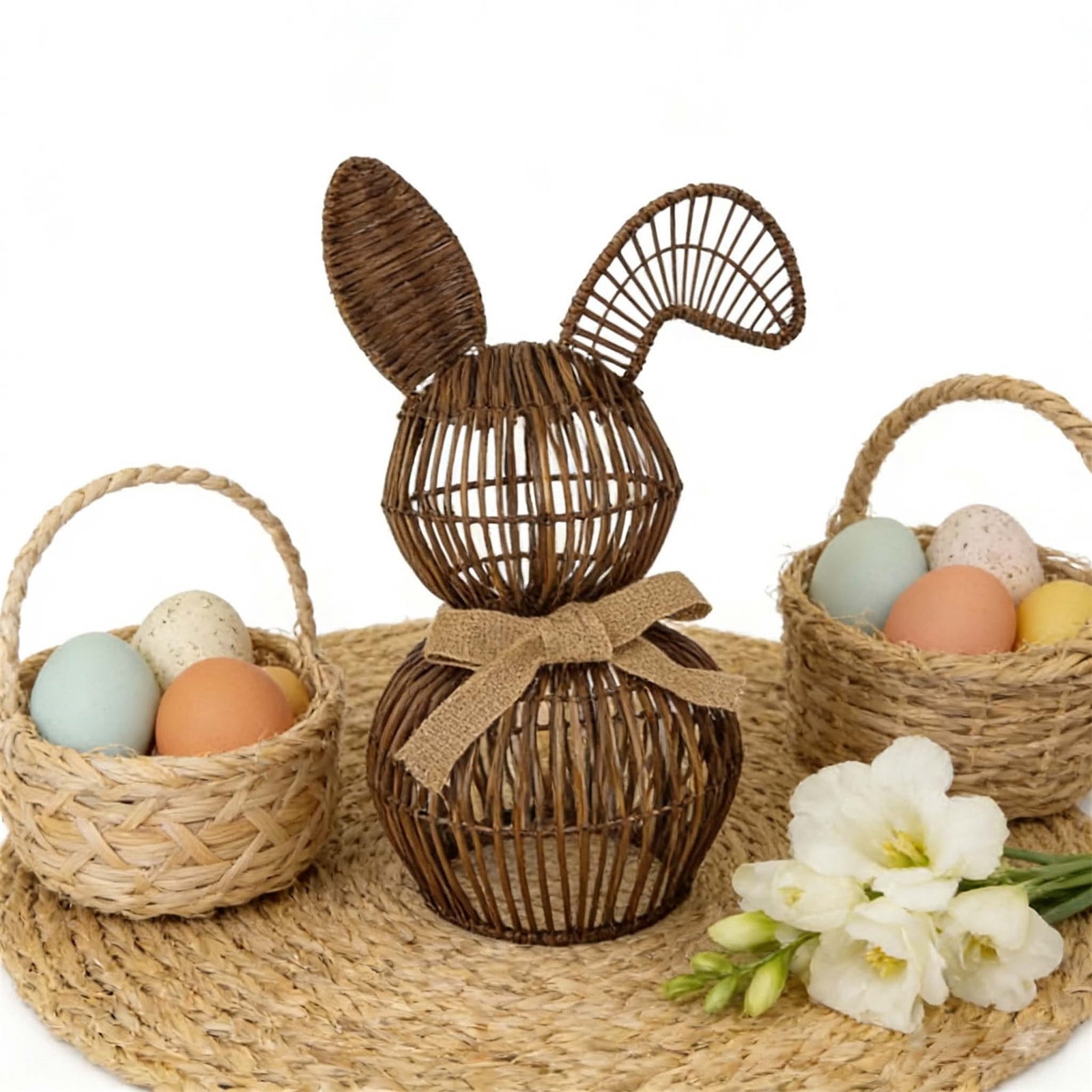 Easter Decorations Handmade Wooden Bunny, Natural Rattan Hand-Woven Easter Basket for Egg Hunt, Rustic Spring Table Centerpiece for Home, 1 Count