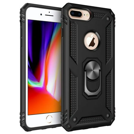 For Apple iPhone 8 Plus / iPhone 7 Plus Ring Stand, Heavy Duty Military Grade Shockproof Rugged Bumper Black