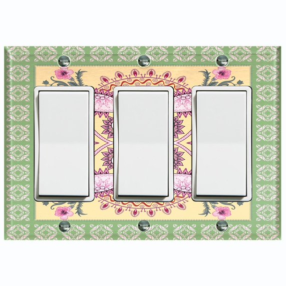 Metal Light Switch Plate Cover Green Pink Floral Paisley Circular Tile Pattern TIL086