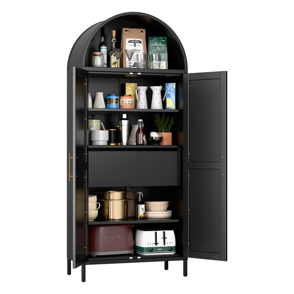 AOBABO 73'' H Arched Kitchen Pantry Storage Cabinet, Metal Arched Bookcase with Doors&Shelves&Drawers,Black