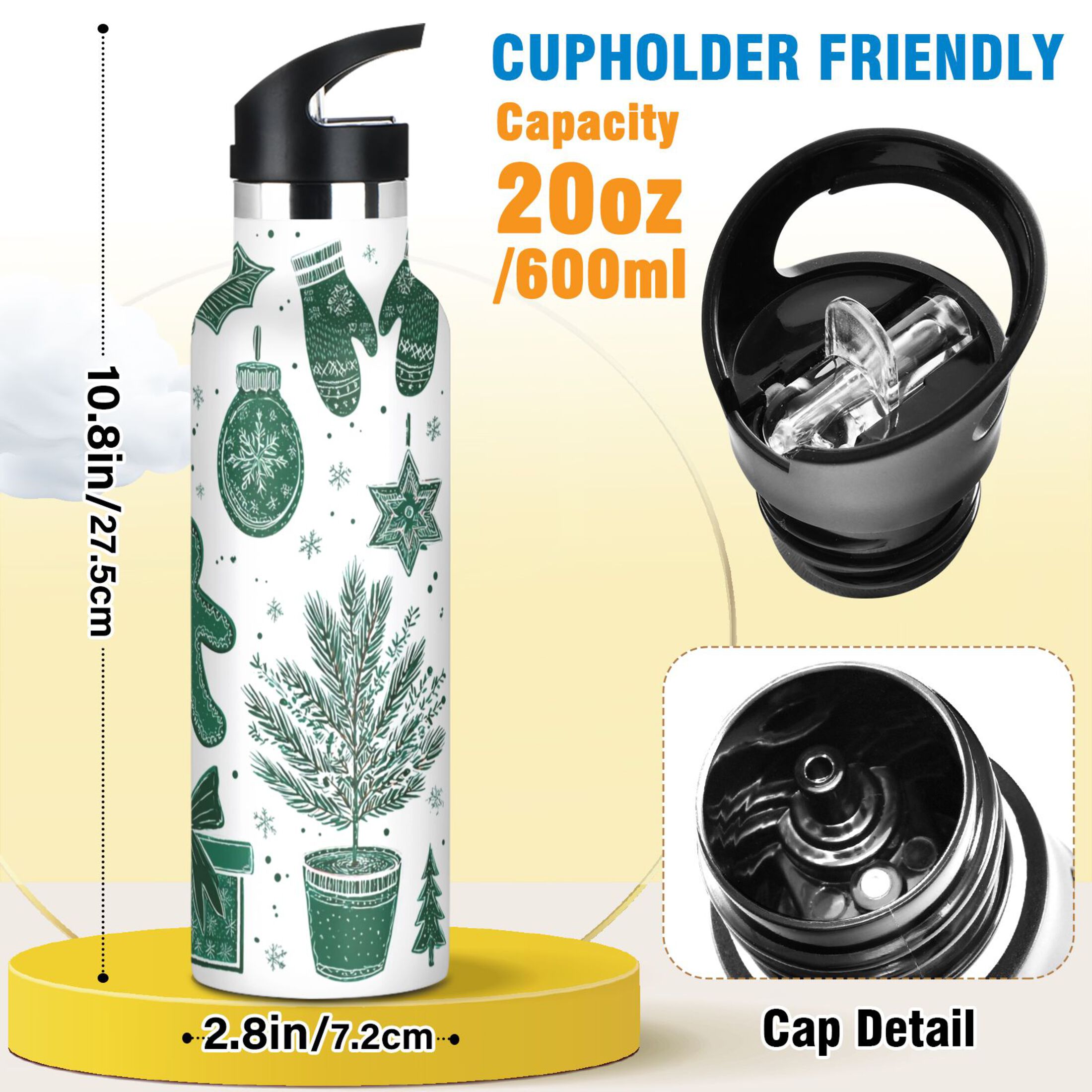 600ML Stainless Steel Insulated Cup Sports Water Bottle Portable Thermos Cup Water Glasses Insulated Tumblers Convenient and Durable Cartoon Gingerbread Man