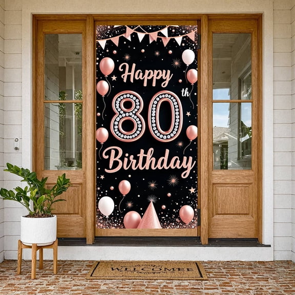 Rose Gold Happy 80th Birthday Banner Studded 80th Birthday Display Pink Balloons Star Accents Birthday Celebration Backdrop for 80th Birthday Party Senior Celebration Indoor Event