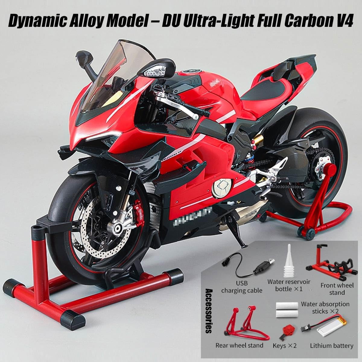 1/7 Scale Alloy Dynamic RC Motorcycle with Ignition System & Smoke Spray, Interactive Carbon Fiber Design RC Dirt Bike with Light & Sound, Realistic V4 Engine Simulation