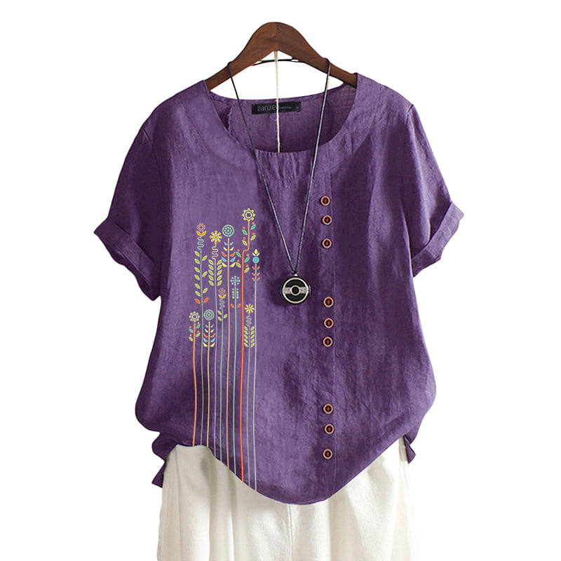 ZANZEA Blouse for Womens Short Sleeve O-Neck Printing Decorative Button ...