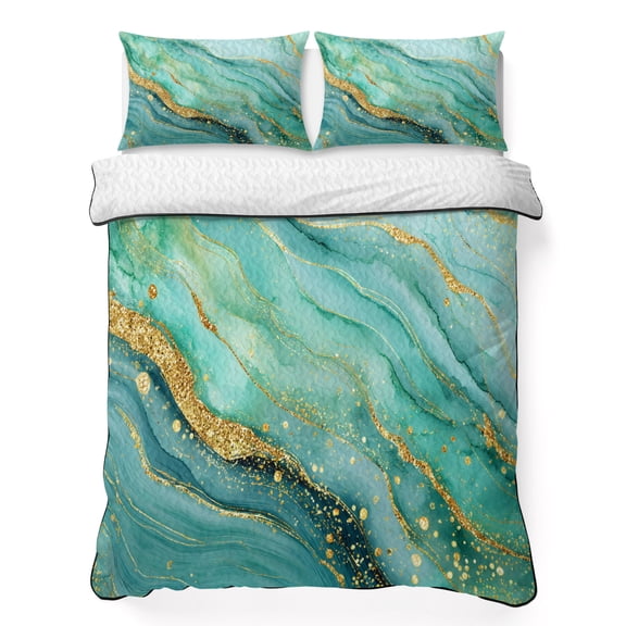 Quilts Twin XL Size Bedding Set, Turquoise Golden Marble Lightweight Quilted Comforter, Modern Art Luxury Marble Flowing Reversible Bedspread Coverlet with Pillow Covers for All Season, 68" x 98"