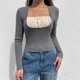 thumbnail image 2 of Moda mujer casual apretado pulóver empalme irregular cuello redondo camisetas tops Fridja  FKASFK2632, 2 of 5