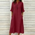 thumbnail image 2 of jtjvou 3/4 Sleeve Cotton Midi Dress for Women Summer Loose Button Up Stand Collar Beach Vacation A-Line Dresses with Pockets Wine XXL, 2 of 6