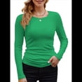 thumbnail image 1 of Camisetas Básicas Ajustadas Informales de Cuello Redondo y Larga Acanaladas para Mujer Verde M, 1 of 6