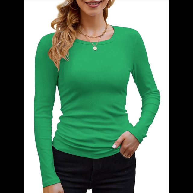 Camisetas Básicas Ajustadas Informales de Cuello Redondo y Larga Acanaladas para Mujer Verde XL