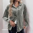 thumbnail image 6 of qelini Velvet Shirts for Women Long Sleeve Tops Basic Tee Solid Lapel Collared Button Down Dressy Formal Blouses with Pocket, 6 of 8