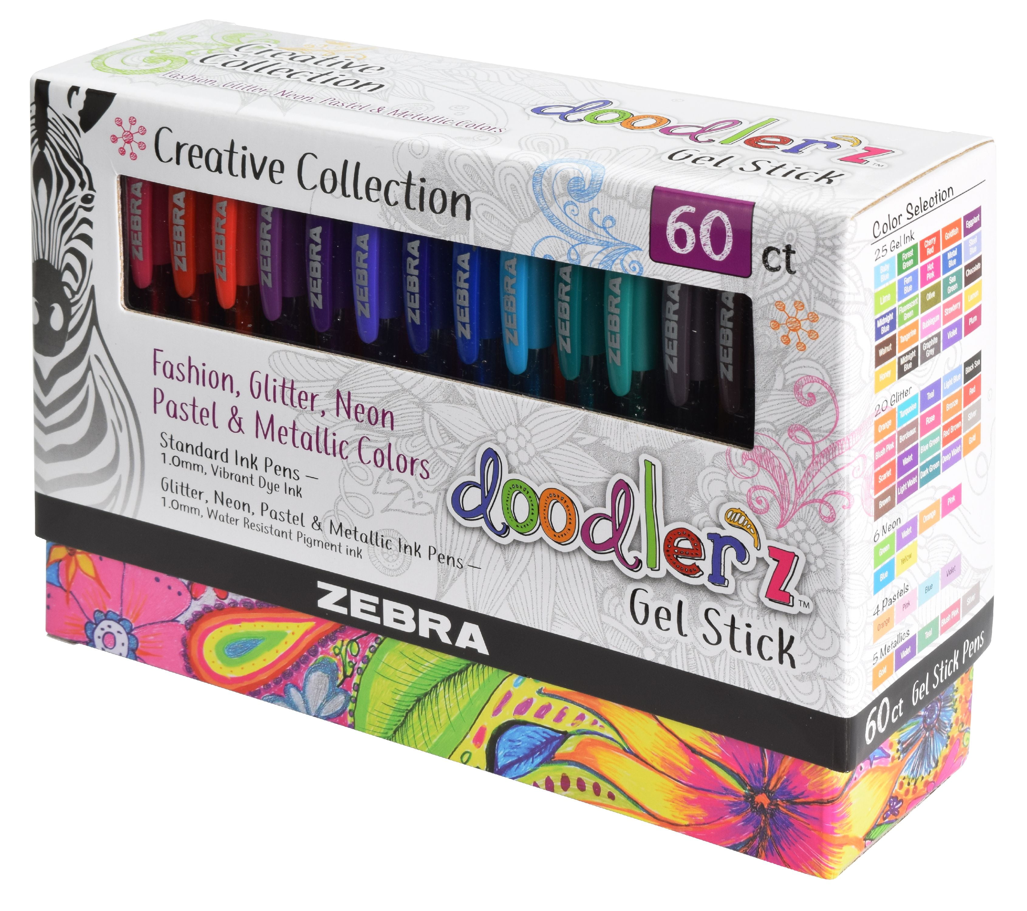 Zebra Doodler'z Gel Stick Pens - Fashion/Glitter/Neon/Pastel - Gift Set of  60