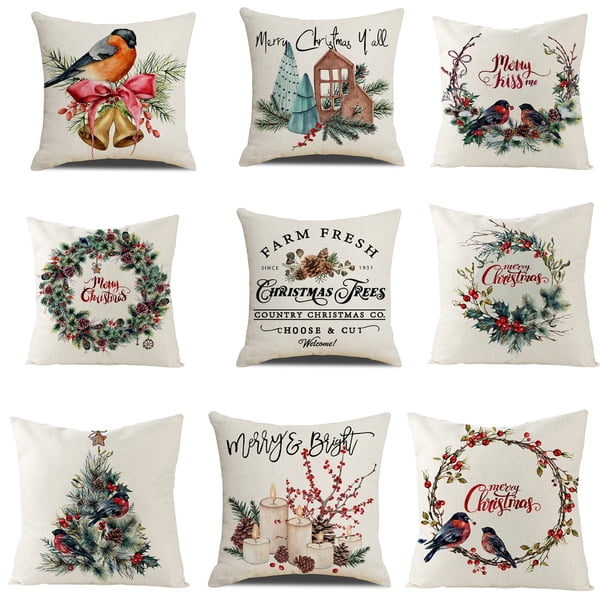 Juego de fundas de almohada navideñas de lino de arpillera de 45 x 45 cm (juego de 4)