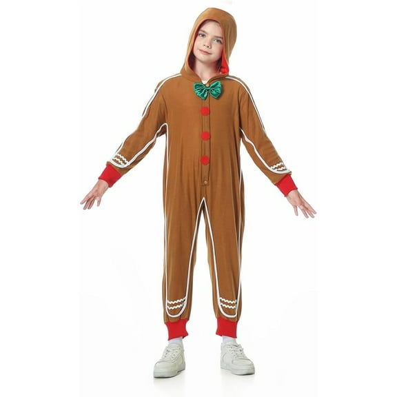 FeMereinaKids Christmas Gingerbread Costume Deluxe Long Sleeve Bowtie Hoodie Jumpsuit Holiday Cosplay Xmas Outfits