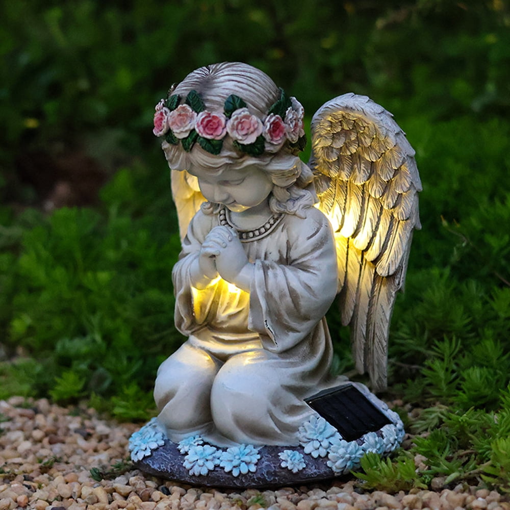 Solar Angel Garden Statue with LED Lights – Outdoor Garden Decor for Yard, Lawn, Patio– Praying Angel Figurine with Flower Crown – Memorial Angel Decoration for Sympathy Gift