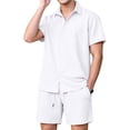 thumbnail image 3 of Men 2 Piece Outfit Solid Short Sleeve Button Shirt and Drawstring Shorts Summer Casual Set White S, 3 of 7