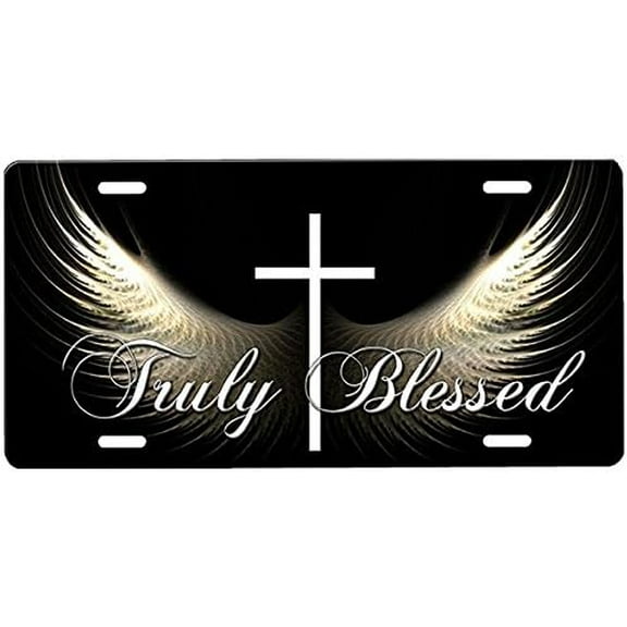 Cross Truly Blessed Angel Wings Front Novelty Car Tag Sign with Custom Background Options