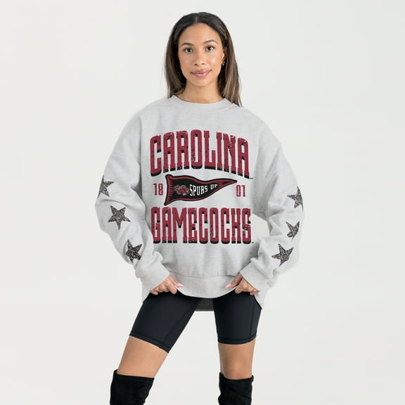Women's Gameday Couture Ash South Carolina Gamecocks Oversized Pennant Pride Rhinestone Star Sleeve Sweatshirt
