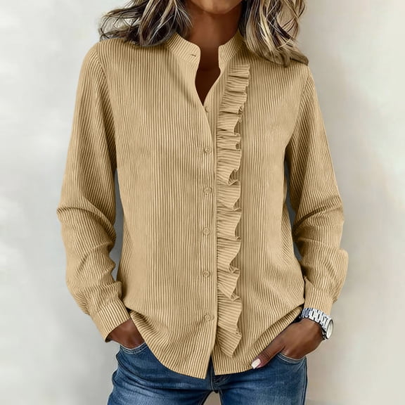 Mifsaly Striped Long Sleeve Shirt Women Ruffle Button Down Shirts Elegant Business Casual Blouses Trendy Loose Office Work Tops 2026