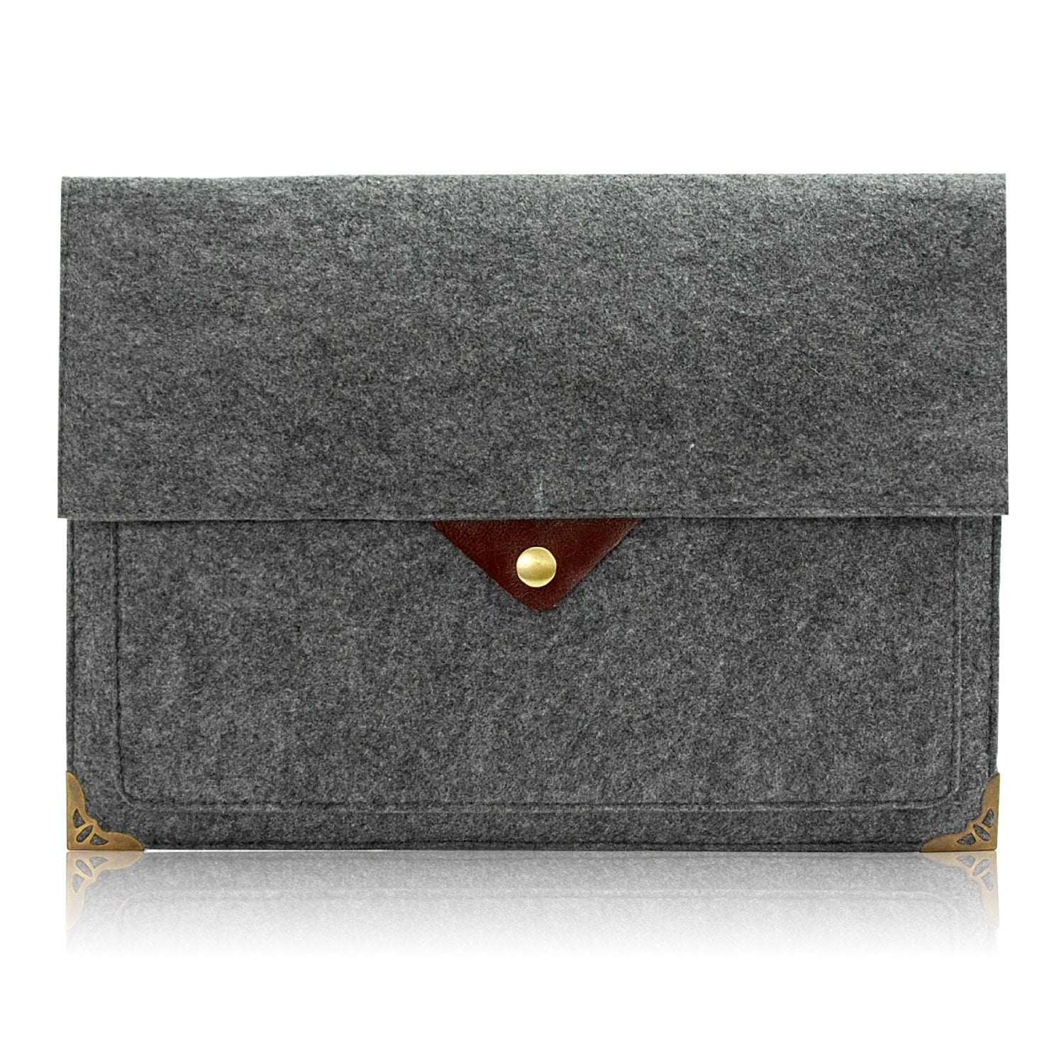Lavievert Gray Felt Computer Bag, Laptop Case, Sleeve with Authentic Triangle Leather Flap and Copper Metal Corner for 13-13.3 Inch Laptops
