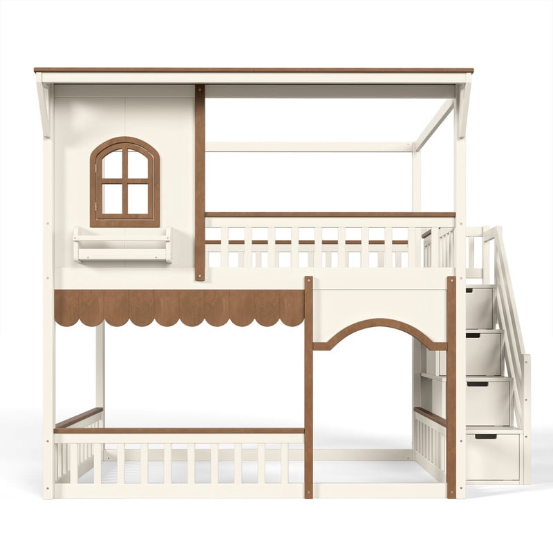 Full-Over-Full Wood Storage Bed Frame with Staircase & Small Bookshelf, Kids House Bunk Bed with Window, Eave & Door