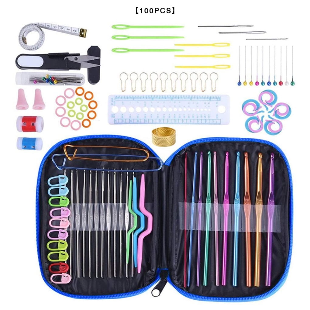 100pcs Crochet Hook Set with Storage Bag Knitting Needles Sewing Tools Gauge Scissors Stitch Holder