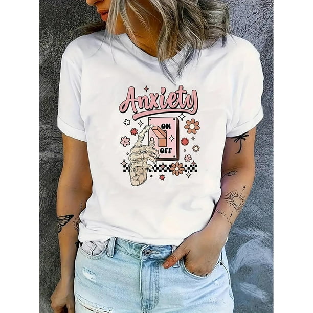 Camiseta Para Mujer Verano Suave Camiseta Con Cuello Redondo Para Mujer Para Caminar Por La CalleChic Pink Skull & Letter Print Women's T-Shirt - Casual Crew Neck, Short Sleeve, Stretchy Polyester B