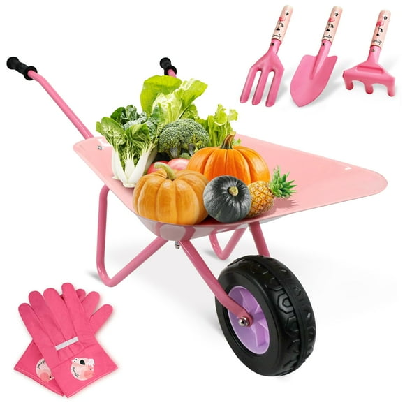 Altdorff Kids Wheelbarrow Set Metal, Child Wheel Barrel Pink Easy to Assemble and Kids Gardening Tools Kit, Garden Toys with Small Wheel Barrow, Outdoor Indoor Toys Gift for Girls