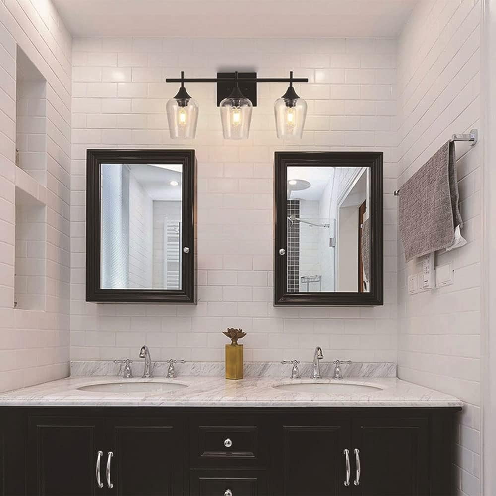 3-Light Vanity Lamp Bathroom Lighting Fixture, Vintage Matte Black Mirror Front Light, E26/E27 Wall Sconce Bath Wall Lamps with Clear Glass Shade Over Mirror Cabinet