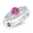 thumbnail image 2 of Gem Stone King 10K White Gold Pink Moissanite White Moissanite and White Lab Grown Diamond 5 Stone Bridal Engagement Wedding Ring Set for Women (0.81 Cttw, Round: 5MM and 3MM, Size 5), 2 of 6