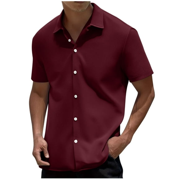 GuangCheng Mens Tops,Button Down,Short Sleeve Shirts,Classic Fit,Soft,Breathable Comfortable Casual Lapel Shirts,Wine,Size L