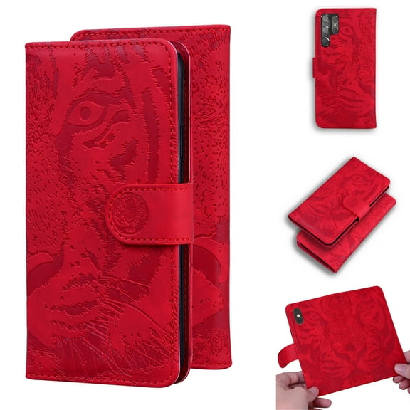 SaniMore Case for Samsung Galaxy S22 Ultra Tiger Embossing Flip Wallet, [RFID Blocking] PU Leather Magnetic Clasp Cover with Card Holder & Kickstand Full Body Protective Shell, Red