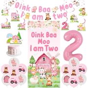 Farm Animal 2nd Birthday Decorations, Oink Baa Moo I Am Two Banner Farmhouse Theme Porch Banners Hanging Swirls Cake Topper Balloons, 2 Years Old Birthday Party Supplies