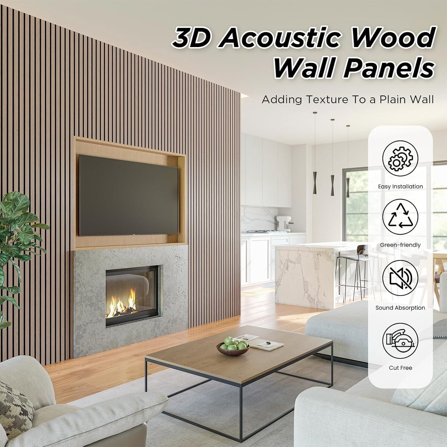 Easy4Home 2Pcs Acoustic Wood Slat Wall Panels 106"x20.5" Soundproof 3D Fluted Decorative Panels, Walnut