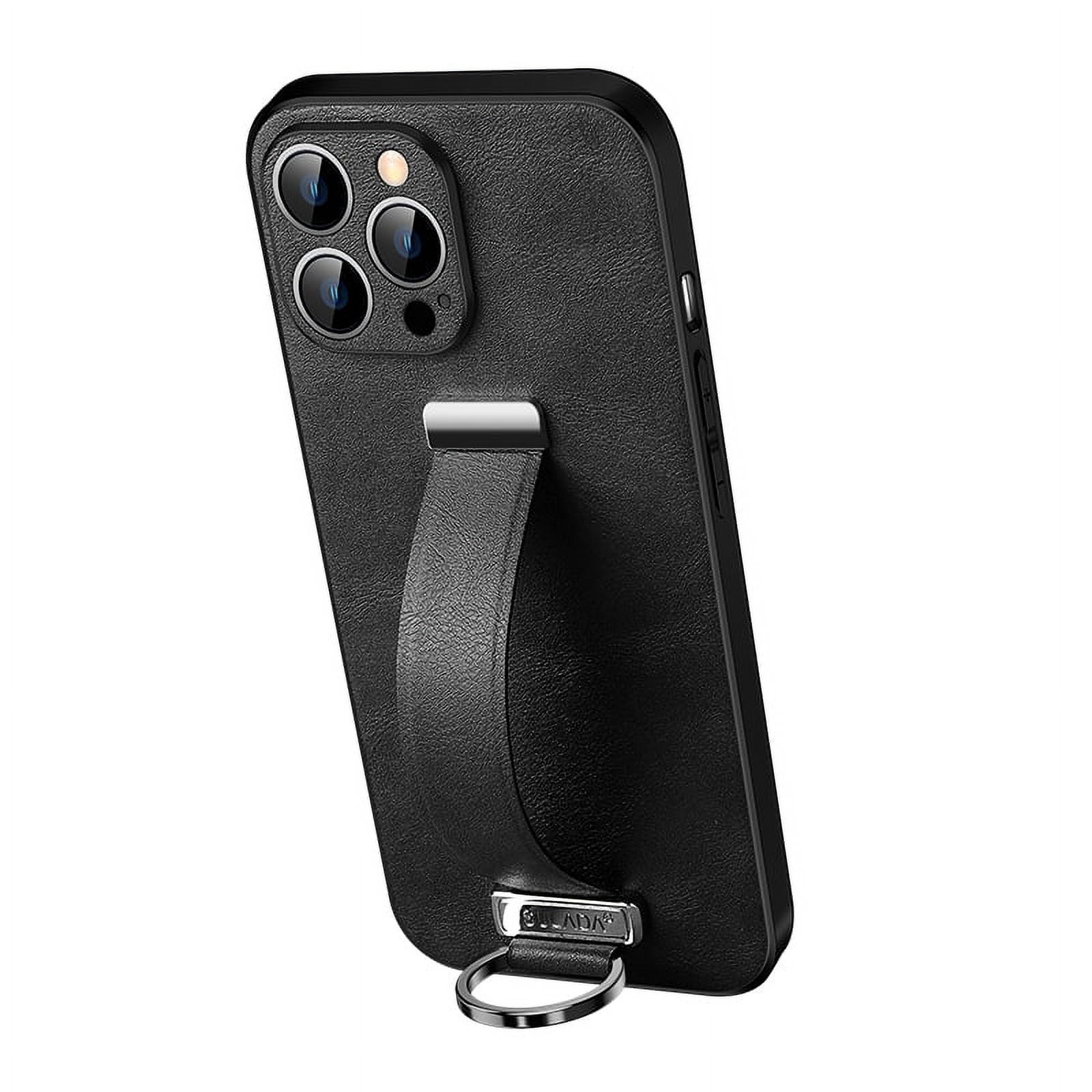 Dteck for Apple iPhone 12 Pro Max Case with Hand Strap Holder, Shockproof Premium PU Leather Slim Flip Protective Case Adjustable Wristband Stand Ring Cover, black