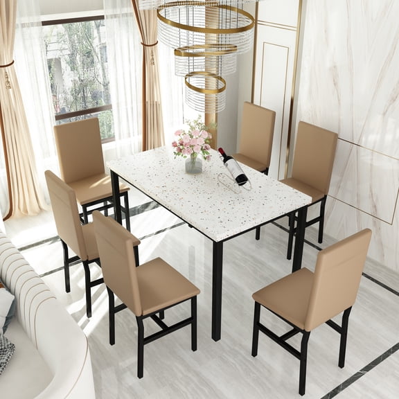 baxluxe Terrazzo Top Rectangular Dining Table Set with 6 Upholstered Chairs, Modern Kitchen Dining Furniture for 6 People